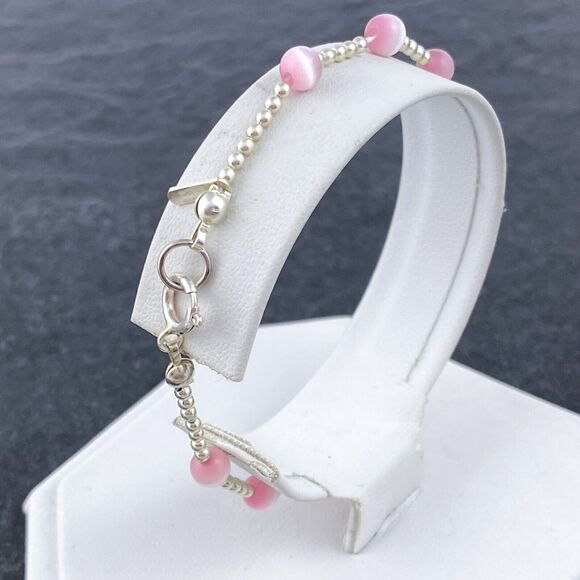 Vintage Jordan Sterling Silver 925 Pink Synthetic Cat's Eye Beaded Bracelet 7.5" - Picture 2 of 8